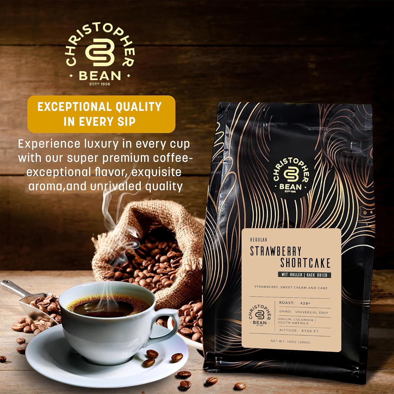 Christopher Bean Coffee - Regular Ground Universal Drip Strawberry Shortcake Flavored Coffee | Coffee Beans with Medium Roast 100% Arabica, No Sugar, No Fats, Non-Gmo | 10-Ounce Bag