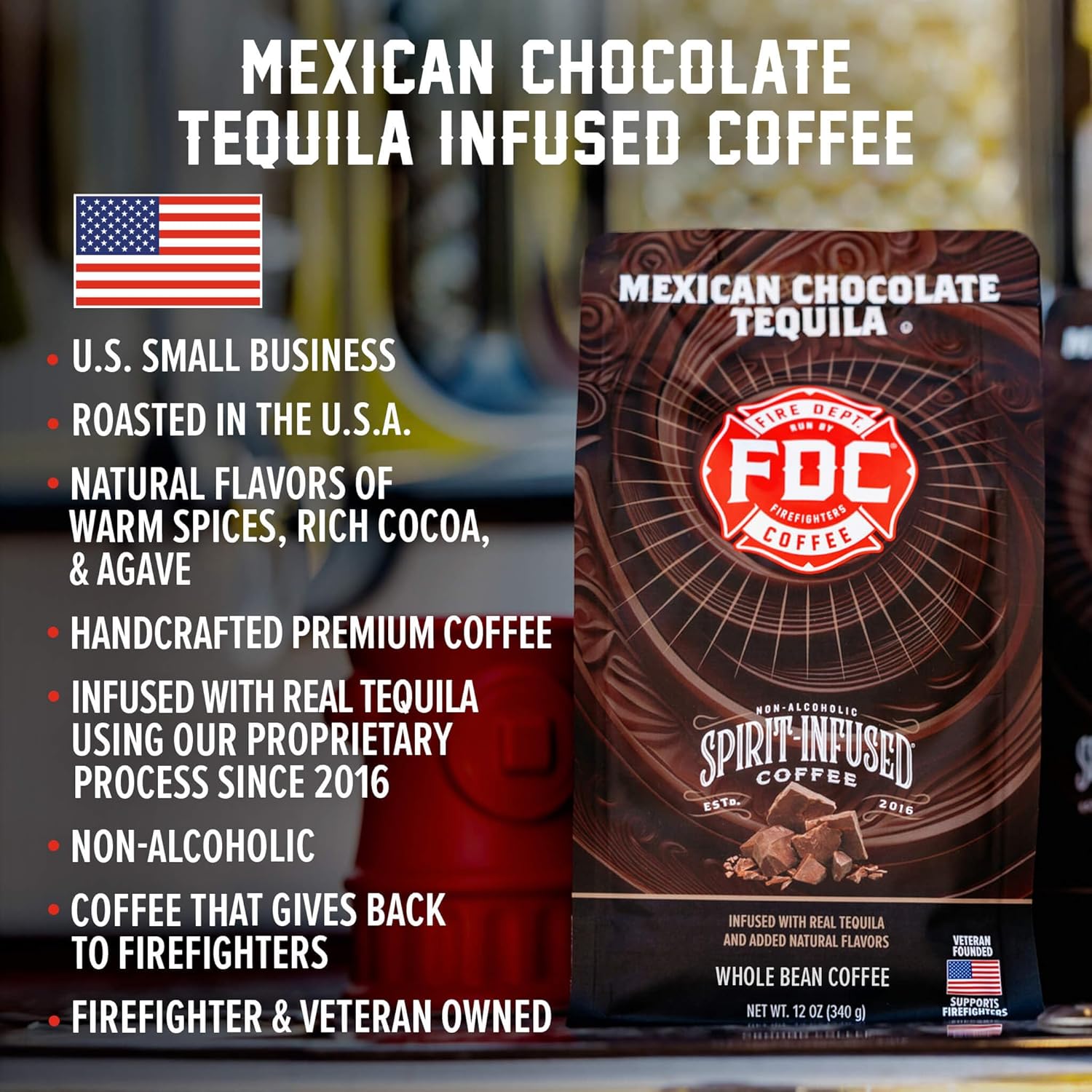 Fire Department Coffee - Gives Back to Firefighters - Mexican Chocolate Tequila Infused Whole Bean Coffee - Medium Roast - Non-Alcoholic - Roasted in the USA - Veteran Owned - 12 oz