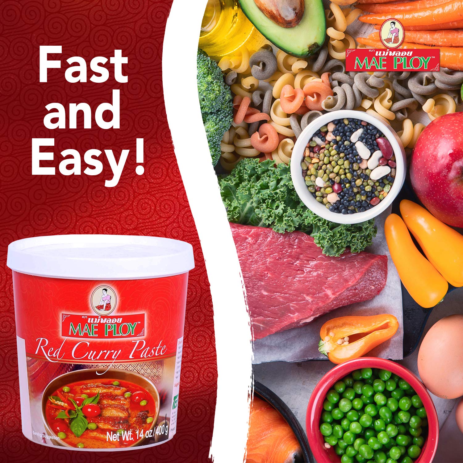 Mae Ploy Red Curry Paste, Authentic Thai Red Curry Paste For Thai Curries And Other Dishes, Aromatic Blend Of Herbs, Spices And Shrimp Paste, No MSG, Preservatives Or Artificial Coloring (14oz Tub)