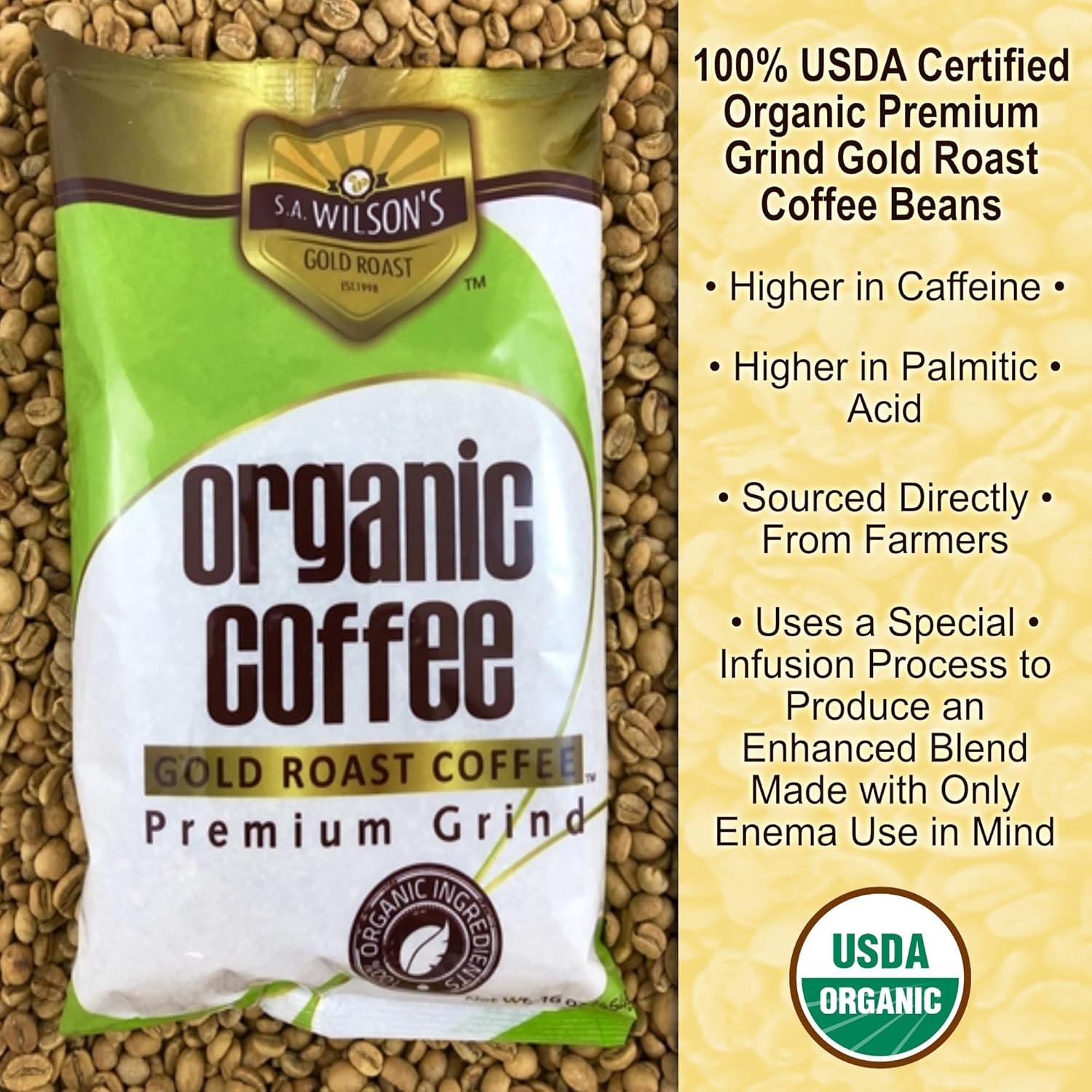 SA Wilson's Organic Enema Coffee, Ground, Certified Organic, 1 LB Gold Roast, High Caffeine, 1 Pack Bundle With Lumintrail Measuring Spoon Set
