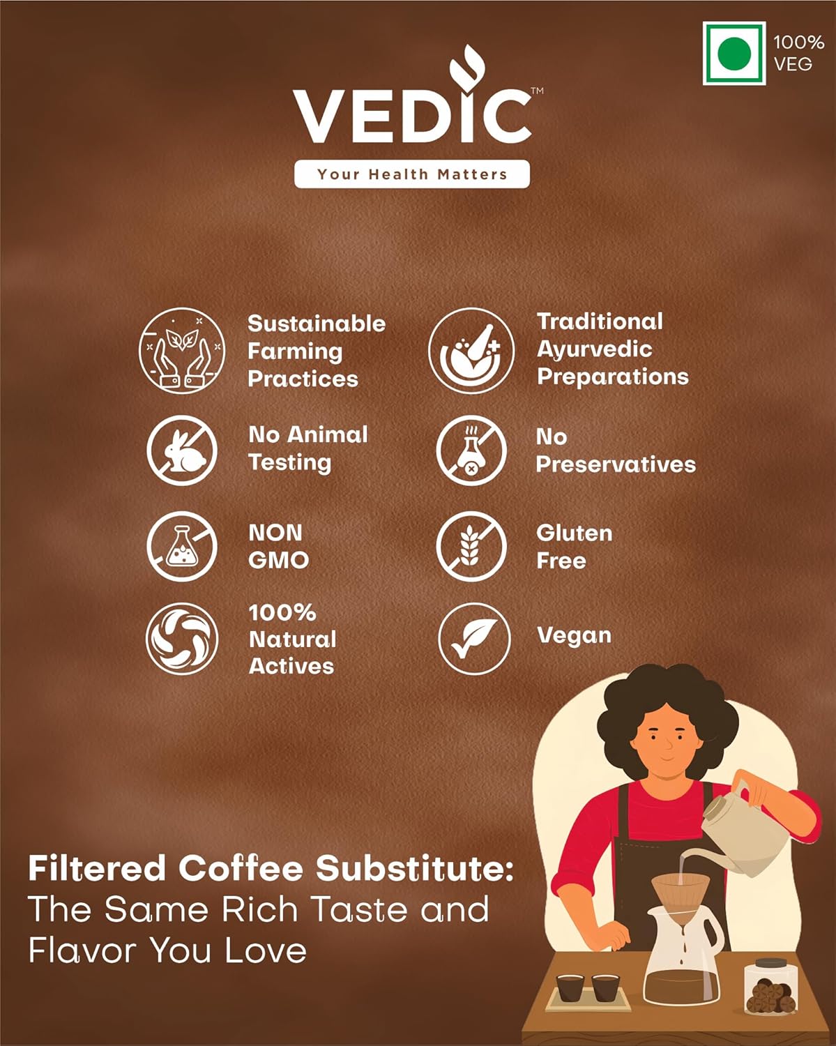 Vedic Cardiocare Instant Ayurvedic Coffee, Arjuna Infused, Caffeine Free, 170g, 85 Servings