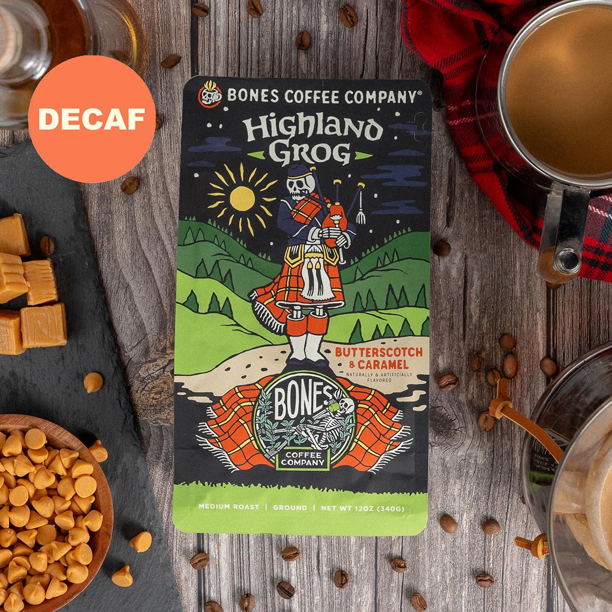 Bones Coffee Company Decaf Highland Grog Butterscotch Caramel Flavored, Medium Roast Low Acid, 12 Oz Ground