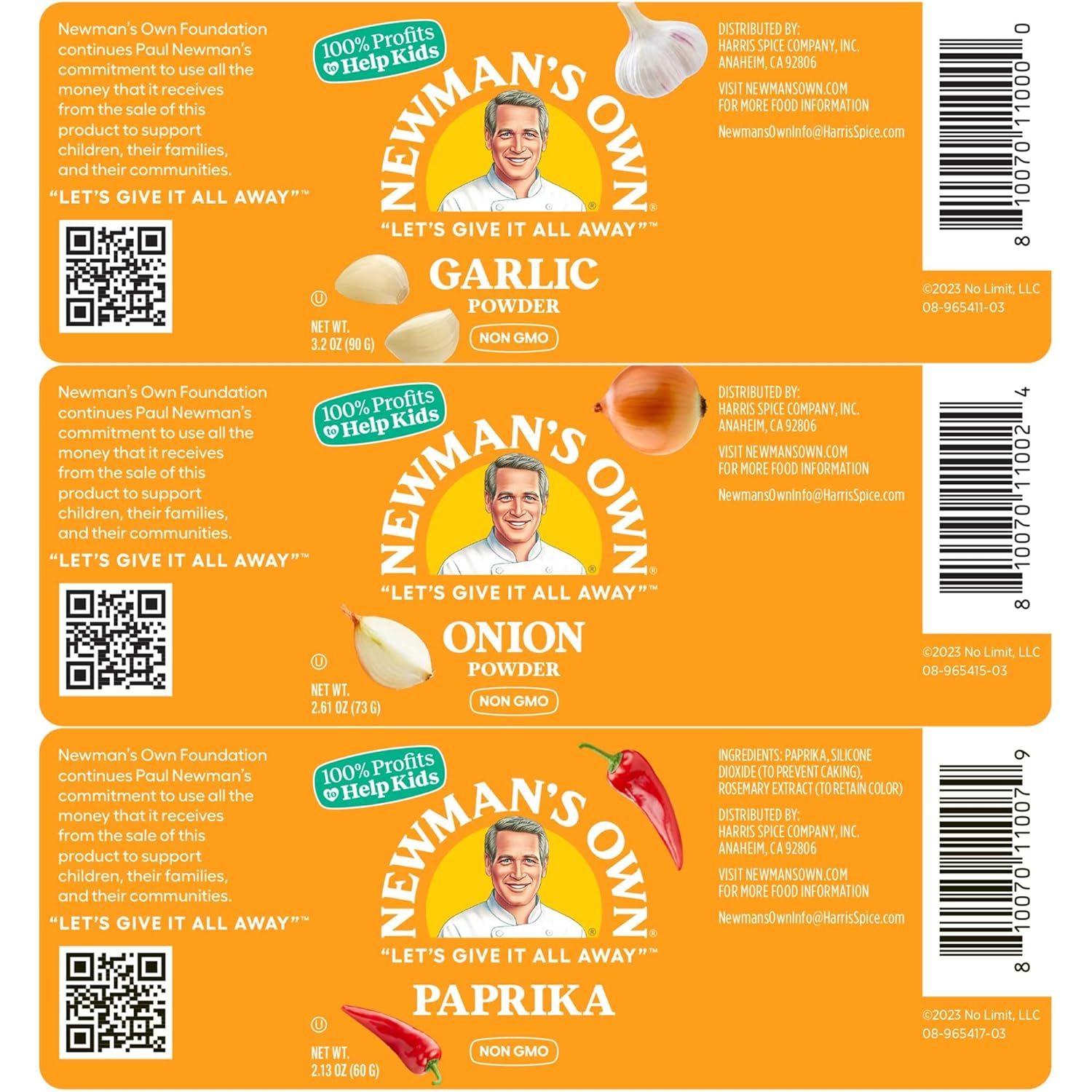 Newman's Own 3 Spice Combo; Garlic Powder, Onion Powder, Paprika, Non-GMO, Kosher certified