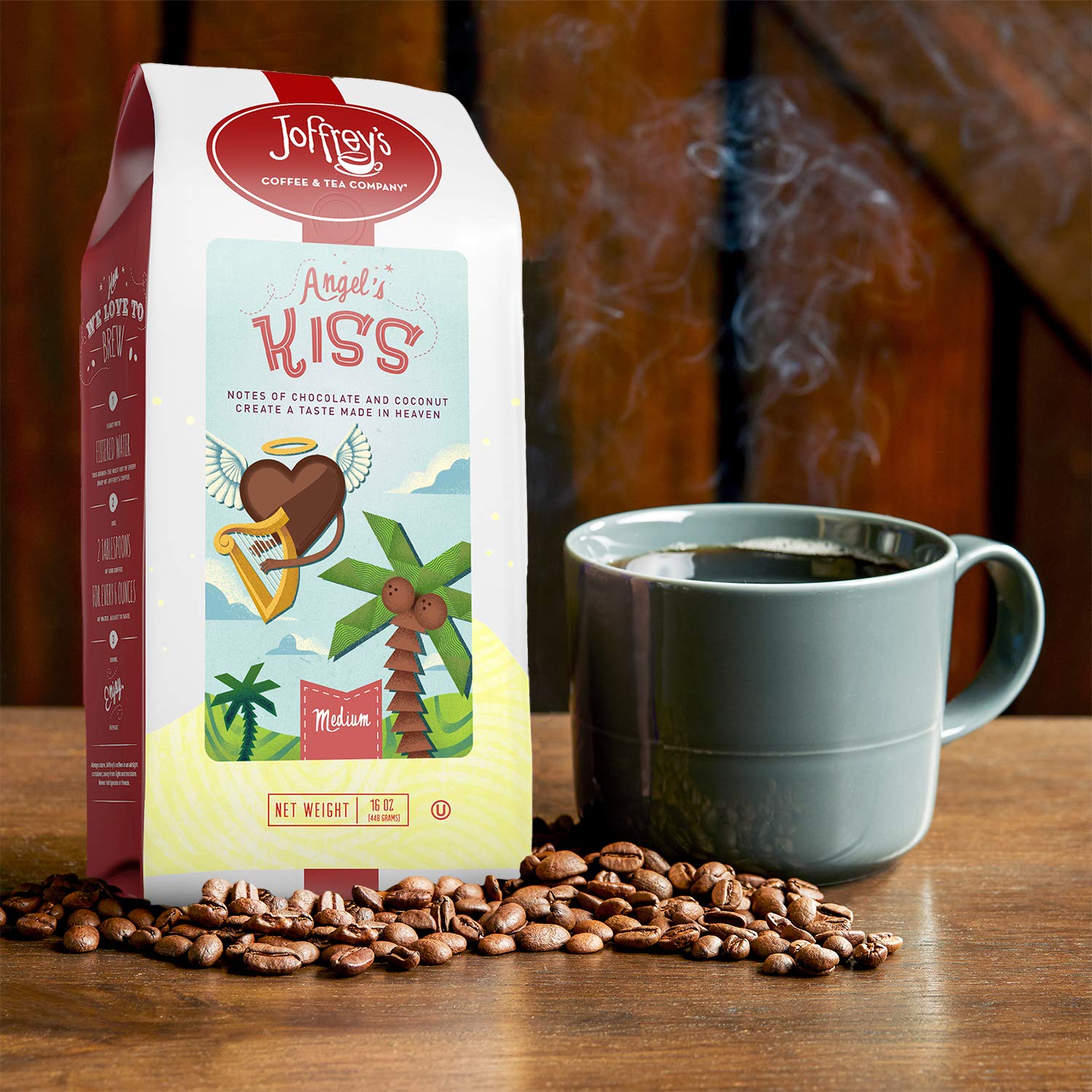 Joffrey's Coffee - Angel's Kiss, Artisan Medium Roast, Arabica Coffee Beans, Chocolate & Coconut Cream Flavor, Gluten-Free, Kosher, No Sugar (Ground, 16 oz)