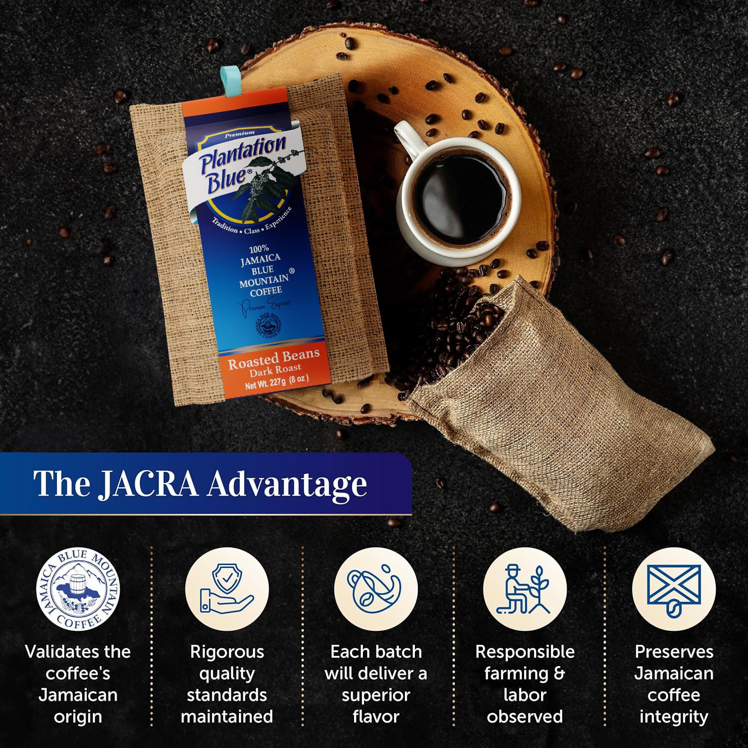 Plantation Blue Jamaica Blue Mountain Coffee Bundle – 8oz Dark Roast Whole Beans & 1lb Medium Roast Ground