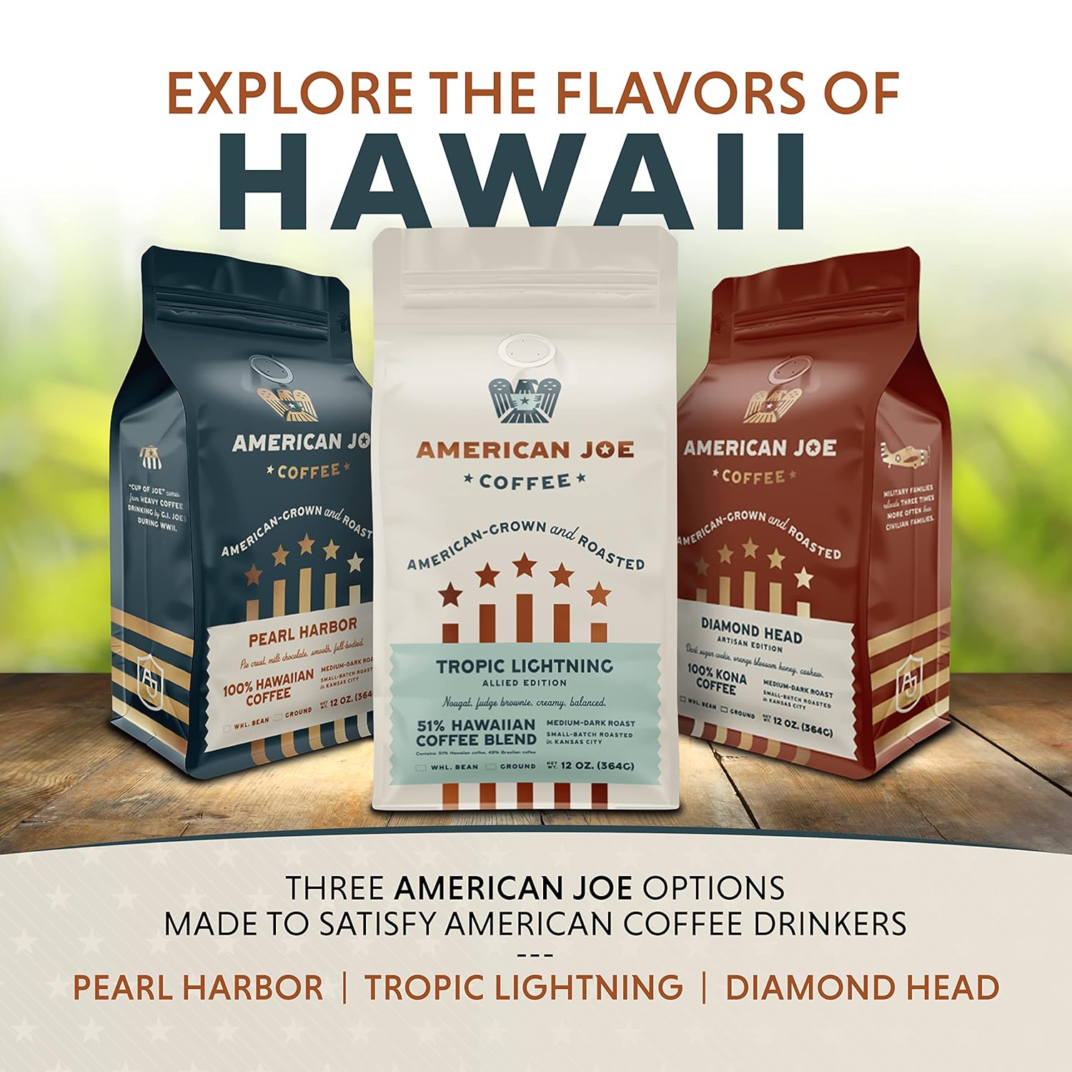 American Joe Coffee Tropic Lightning 51% US Grown Specialty Coffee Roasted in Kansas City Medium-Dark | Whole Bean 12oz Gourmet Artesian Grade American Grown American Made Hawaiian Coffee