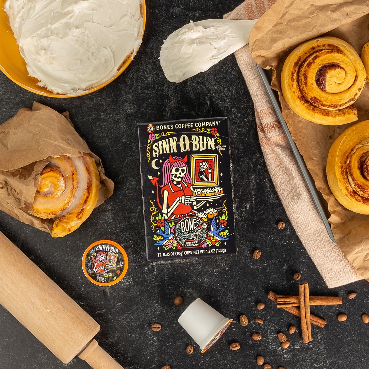 Bones Coffee Company Sinn 'O' Bun Ground Coffee Beans 12 oz and Bones Cups Sinn 'O' Bun 12 ct Bundle