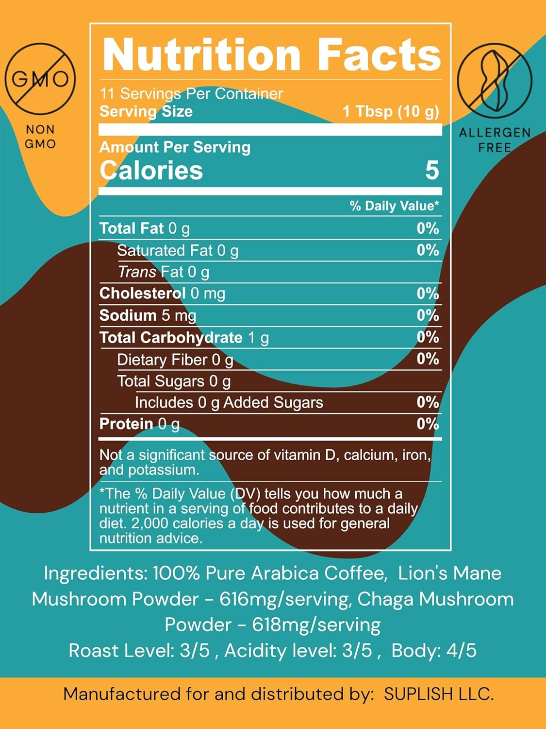Mushroom Coffee Ground Coffee Dark Roast with Lions Mane Supplement & Chaga - by SUPLISH - 4 oz