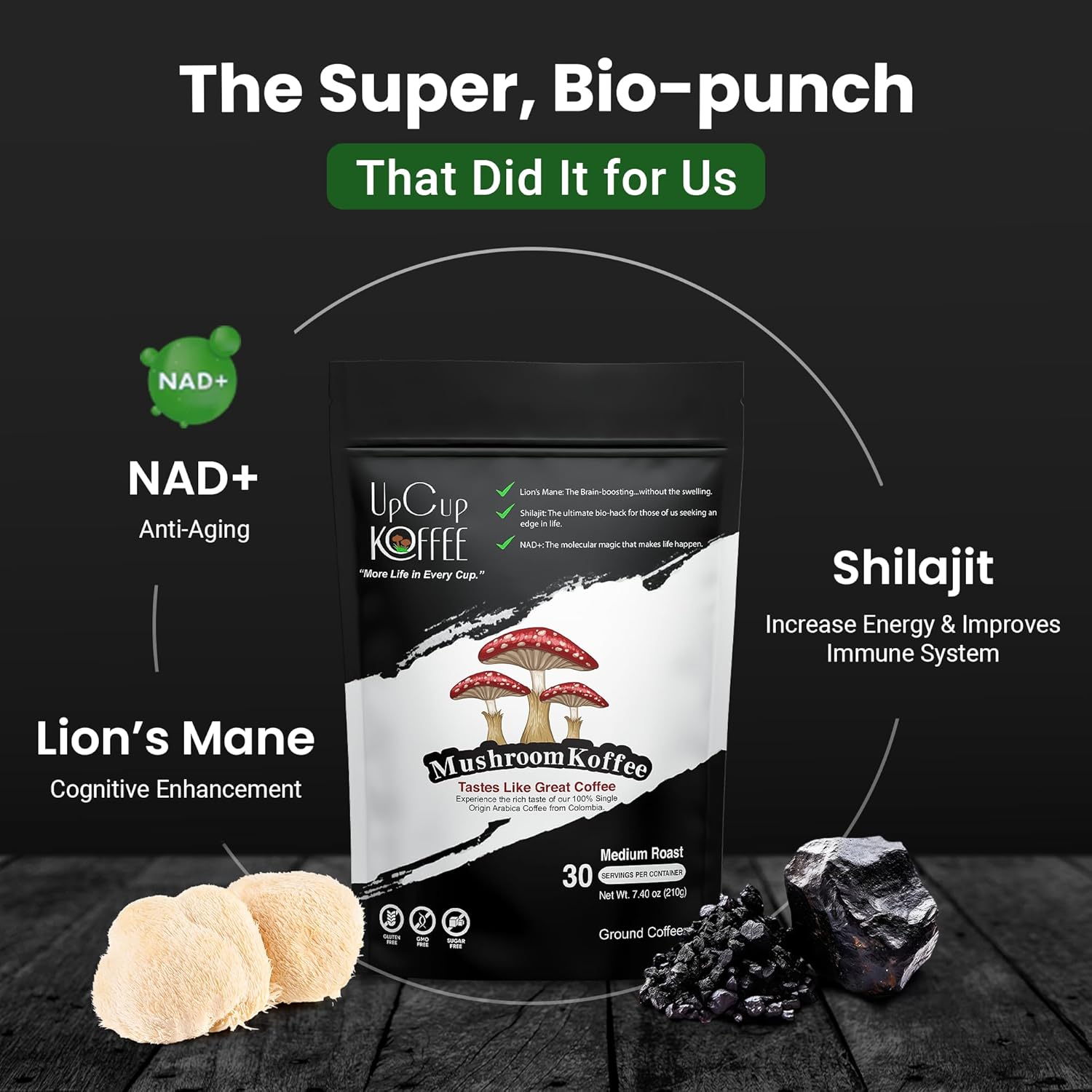UpCup Koffee Functional Ground Mushroom Coffee - Includes Lions Mane, NAD+, & Himalayan Shilajit for Immune Support & Cognitive Boost - Made with Colombian Beans, Shilajit, & Lion's Mane Mushroom