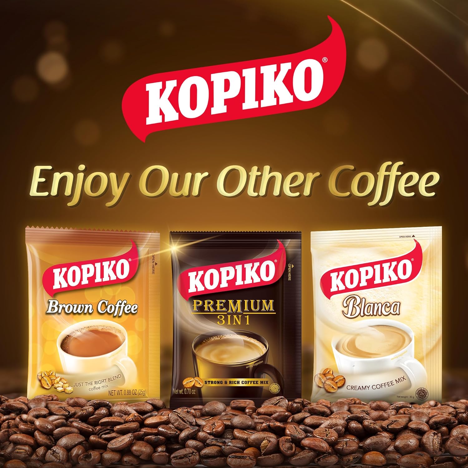 KOPIKO Premium 3 in 1 Instant Coffee Mix – Authentic Indonesian Volcanic Coffee, Strong Yet Smooth, Pre-Mixed with Creamer & Sugar (21.2 OZ in 30 Coffee Sachets)