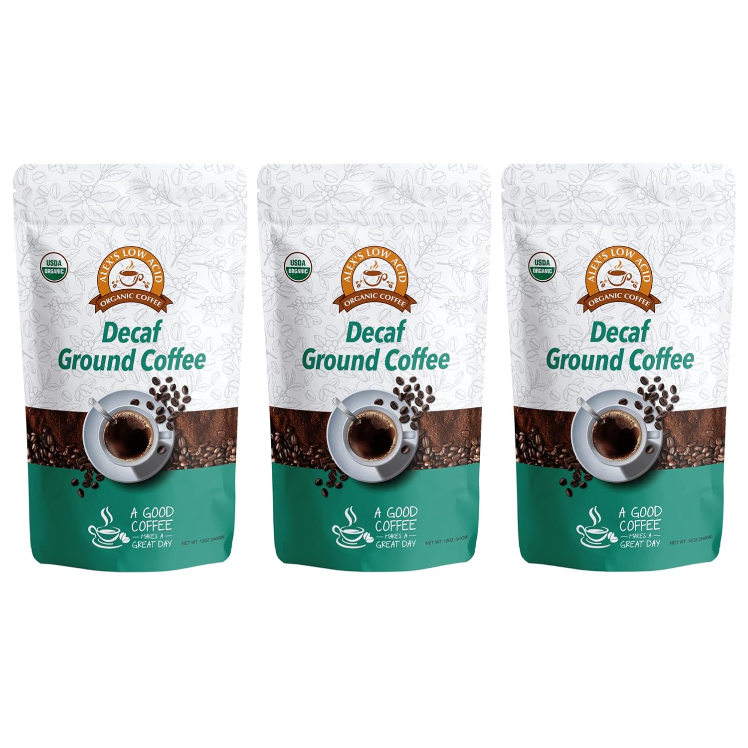 Alex's Low Acid Organic Coffee 12oz Bag (Pack of 3) (Fresh Ground Decaf)