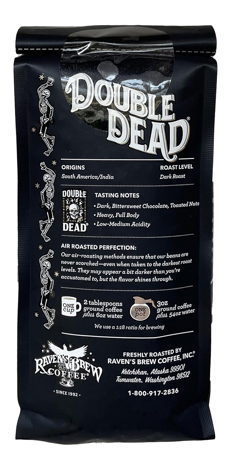 Raven's Brew Coffee High Caffeine Coffee Dark Roast Ground - Double Dead 2-pack of 12oz