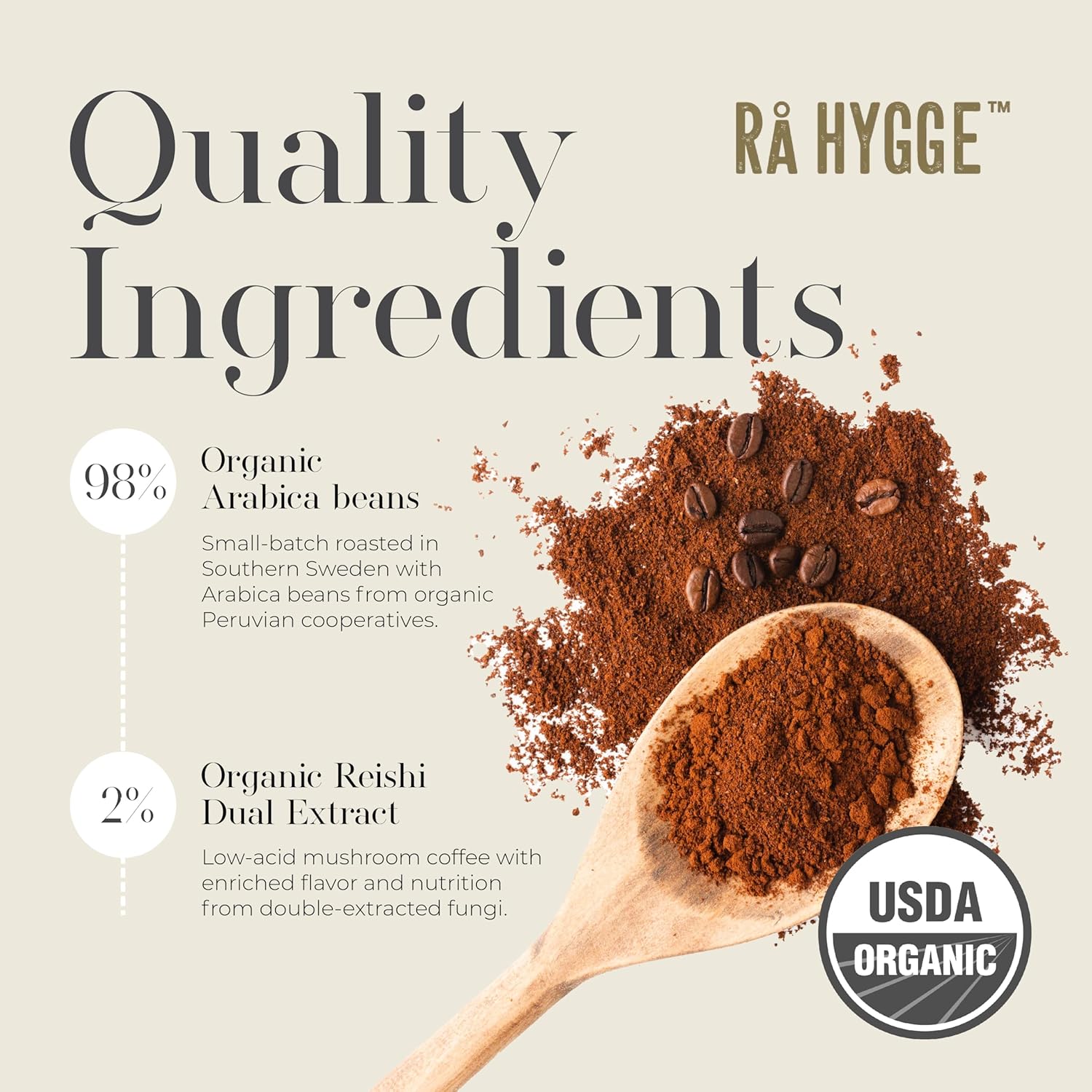Rå Hygge Specialty Organic Ground Mushroom Coffee with Reishi - For Calm Energy, Relaxation & Balance - Healthy Coffee Alternative, Low-Acid Medium Roast, 8 oz (16 Cups), Roasted in Sweden