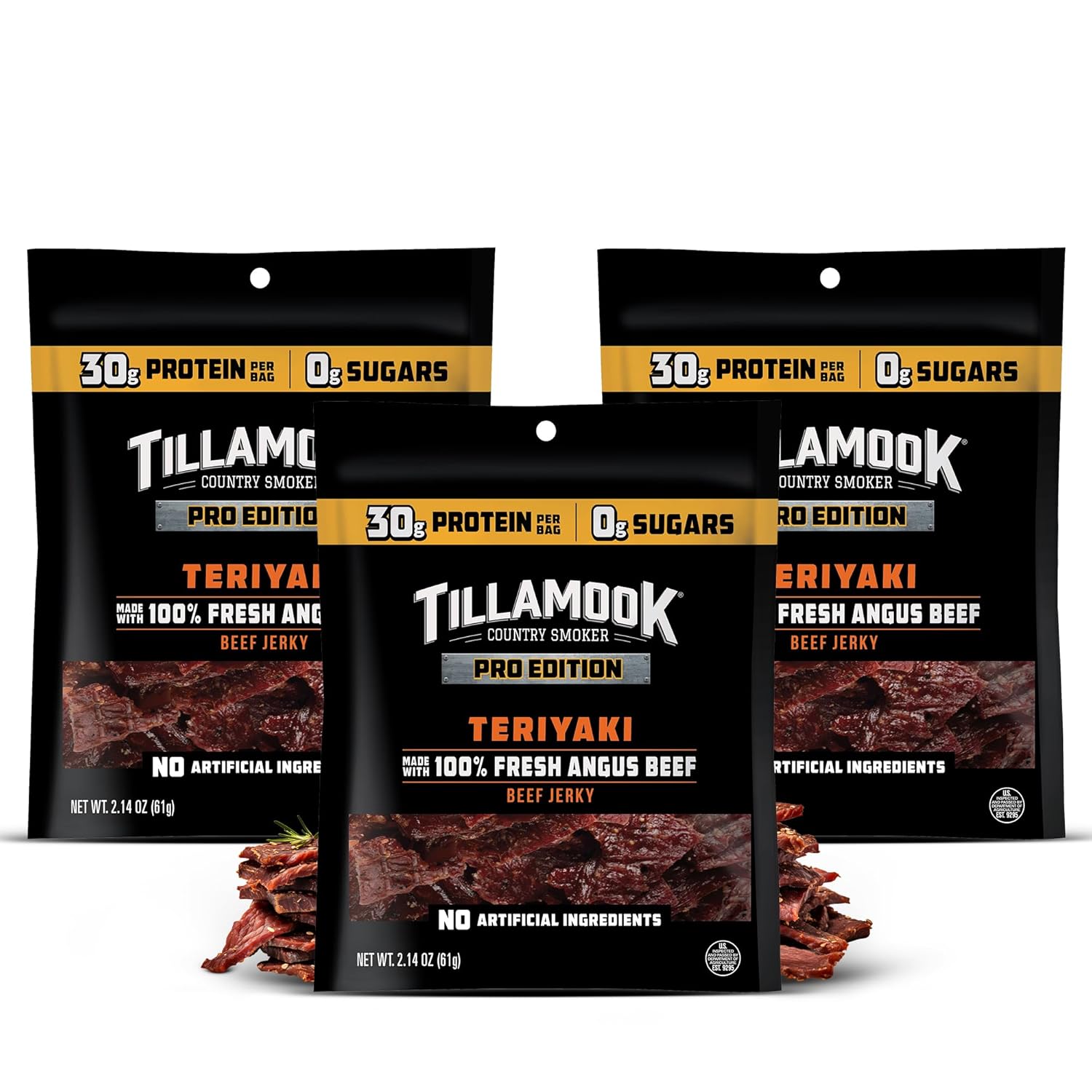 Tillamook Beef Jerky, Country Smoker PRO Edition, Zero Sugar Teriyaki, 2.14 Oz (3 Pack) Real Hardwood Smoked Fresh Angus Beef, Low Carb, High Protein Ready to Eat Keto Snack for Athletes, Gluten Free