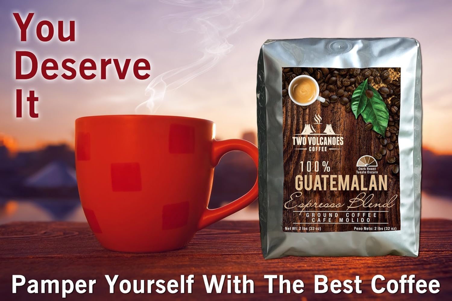 Two Volcanoes Ground Coffee - Dark Roast Espresso Blend - 2 lb bag - Guatemala Delicious Gourmet Coffee. Great for French Press. Get The Kick, Enjoy The Smoothness!
