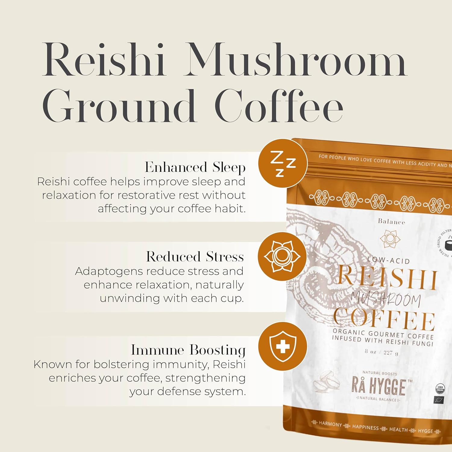 Rå Hygge Specialty Organic Ground Mushroom Coffee with Reishi - For Calm Energy, Relaxation & Balance - Healthy Coffee Alternative, Low-Acid Medium Roast, 8 oz (16 Cups), Roasted in Sweden