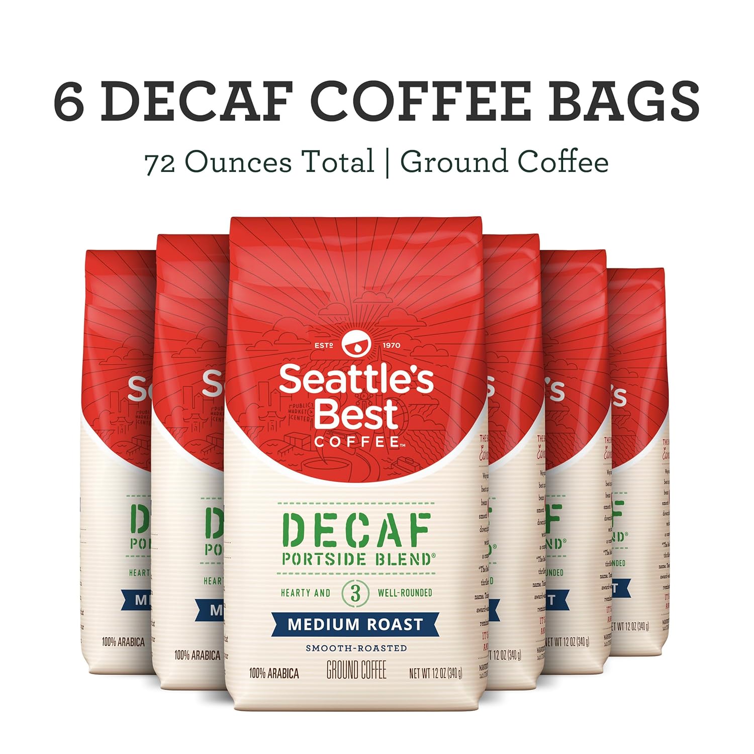 Seattle's Best Coffee Decaf Portside Blend Medium Roast Ground Coffee | 12 Ounce Bags (Pack of 6)