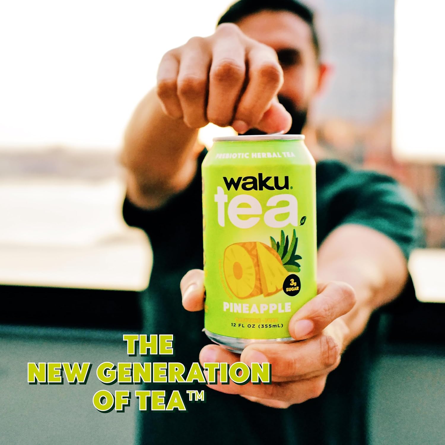 WAKU TEA, Prebiotic Herbal Tea, Pineapple, Supports Digestive & Gut Health, Keto Friendly, Zero Added Sugar, 5g Fiber, Caffeine Free, Natural Sweetner, 12 pack, 12oz Cans
