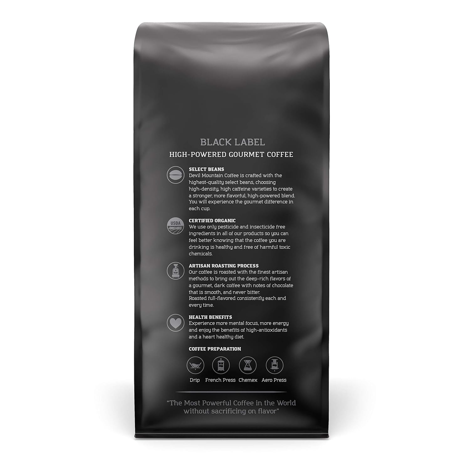 Devil Mountain Coffee Black Label Dark Roast Ground Coffee, Strong High Caffeine Coffee Grounds, USDA Organic, Fair Trade, Gourmet Artisan Roasted, Strongest Coffee in the World, 16 oz Bag