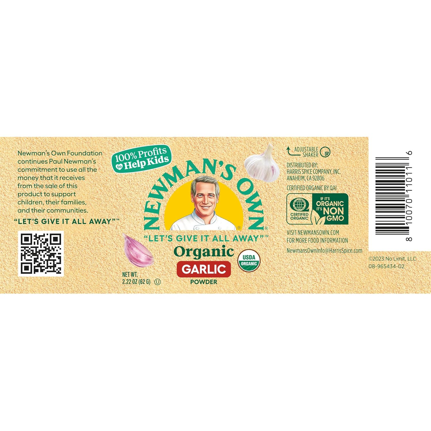 Newman's Own Organic Garlic Powder; USDA Certified Organic; Non-GMO; Kosher; 2.22 Oz Bottle