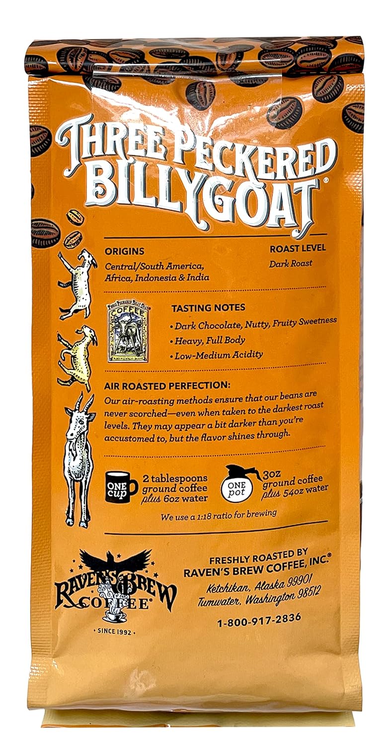 Raven's Brew Coffee Three Peckered Billy Goat, 12 Ounce - Dark Roast - Full Body with a Long Sweet Finish (Organic Ground, 12 oz)