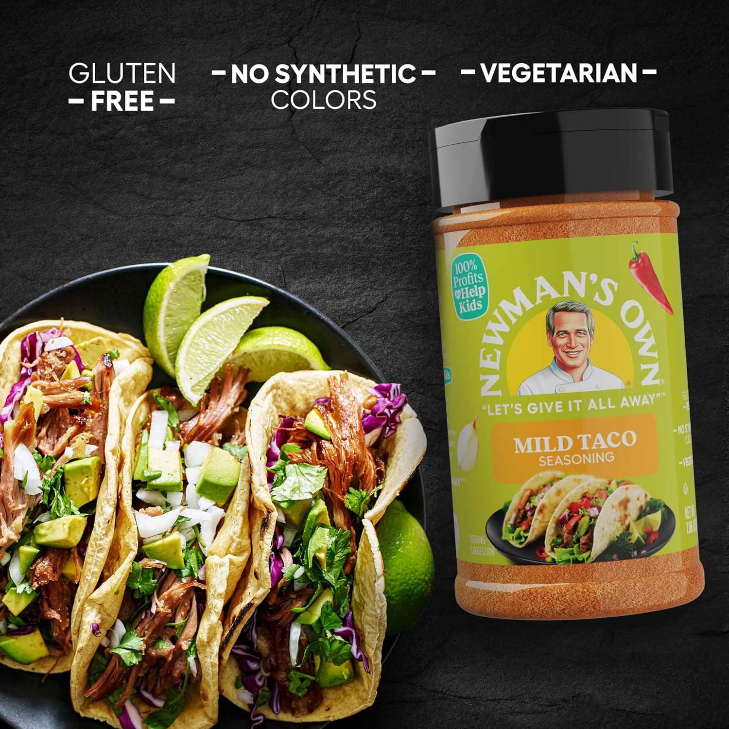 Newman's Own Mild Taco Seasoning; Great Zesty Flavor; Not Only Great on Tacos, Perfect Spices for Cooking Fajitas,Pork Belly, and Topping French Fries; No MSG, Gluten Free; Kosher; 7.06 Oz. Bottle