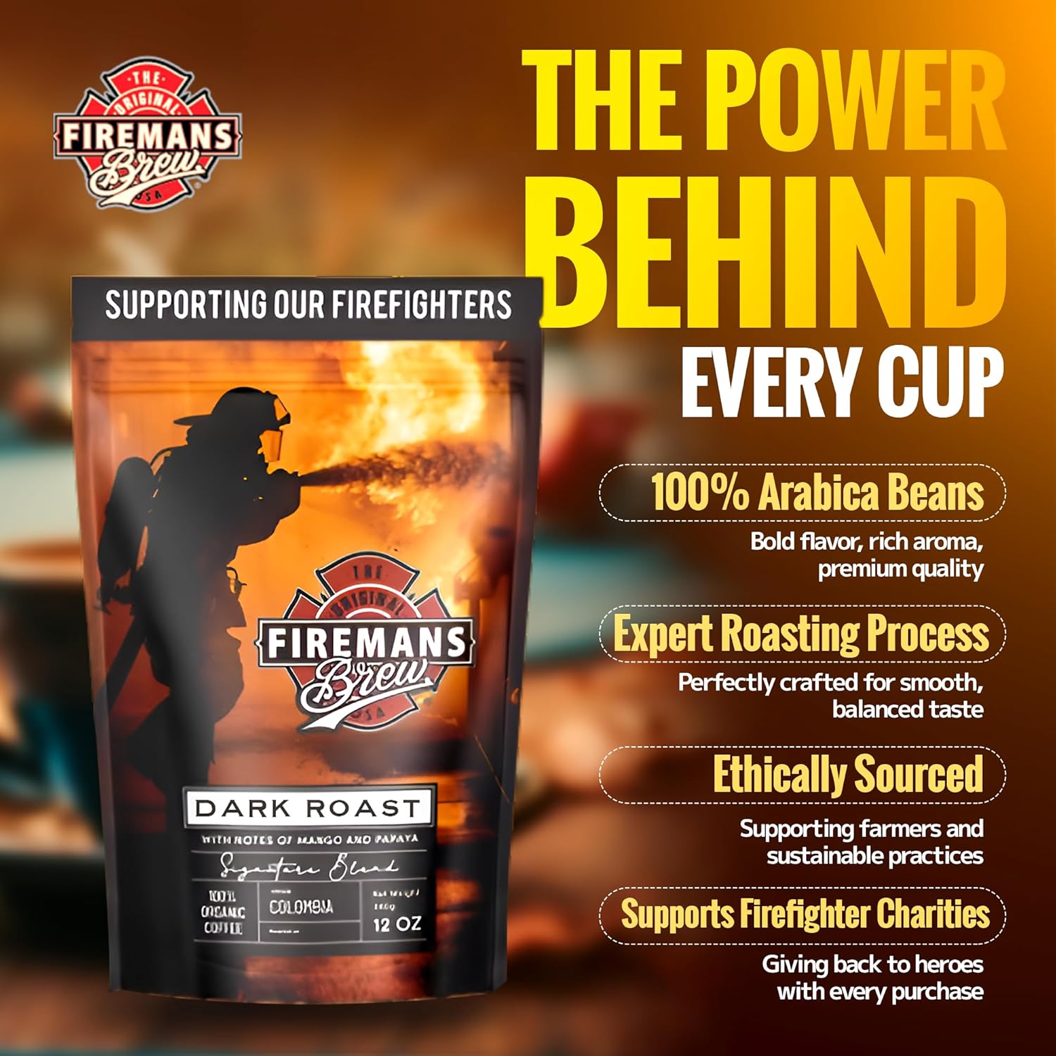 Firemans Brew Dark Roast Coffee – Bold & Robust Ground Coffee – 100% Arabica Beans, Rich, Full-Bodied Flavor – Freshly Roasted Gourmet Coffee – Low Acid, Small Batch Coffee – Supports Firefighter Causes
