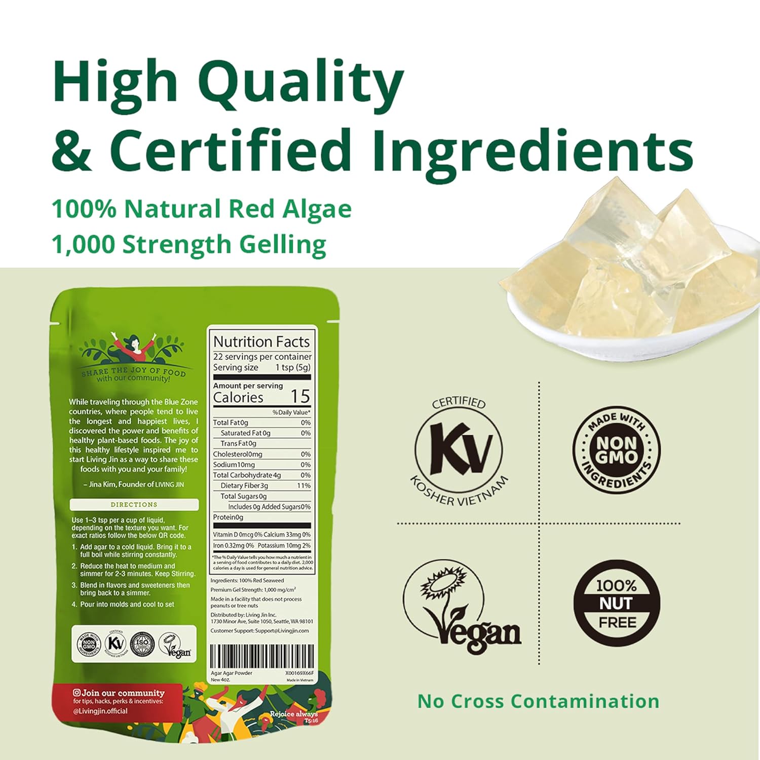 LIVING JIN Agar Agar Powder, 4 oz. Kosher, Plant-Based Gelatin Powder, Vegan Agar Agar, Vegan Jello, Sugar-Free, 100% Natural Red Algae