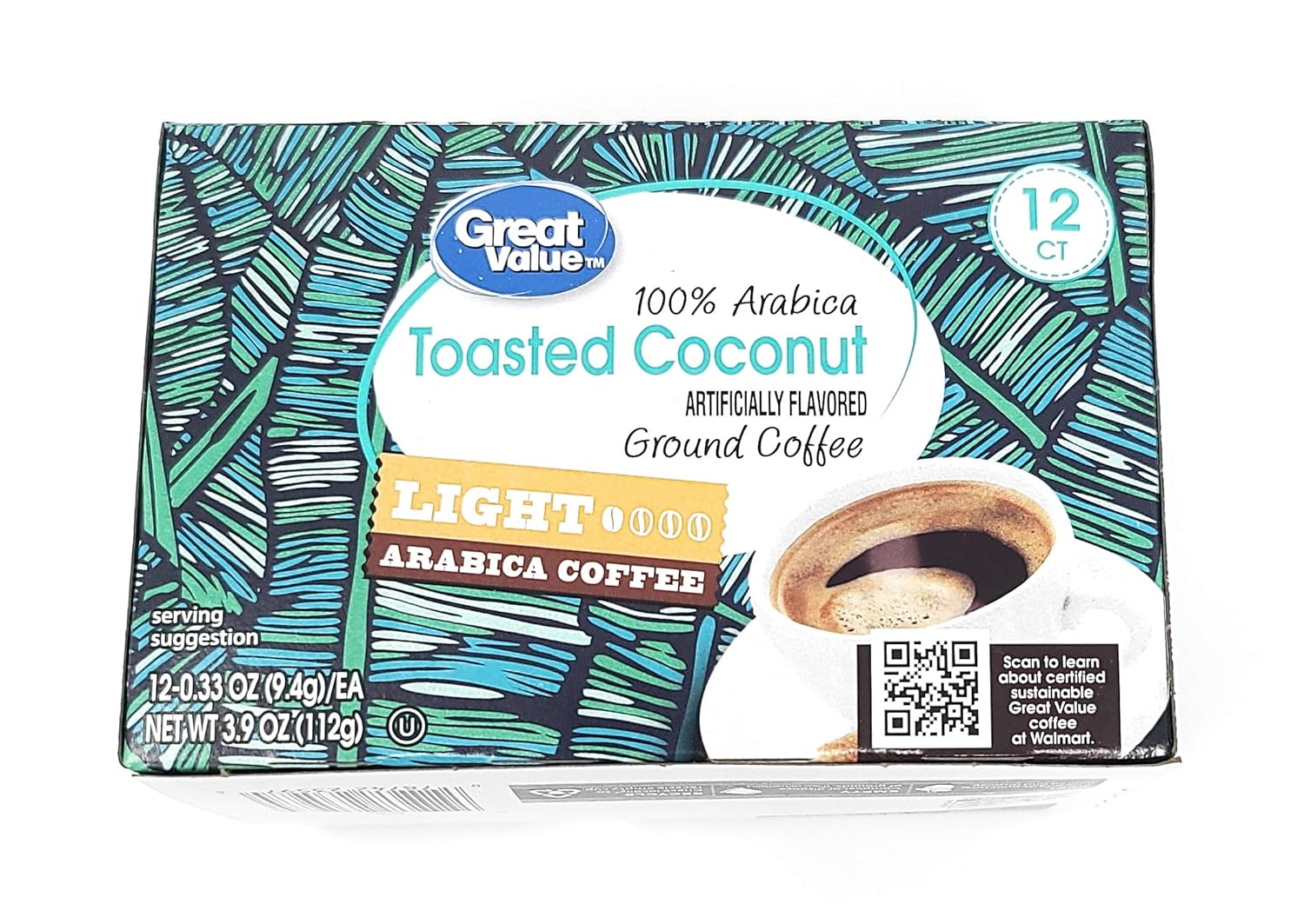 Great Value Toasted Coconut Artificially Flavored Ground Coffee - Light Arabica Coffee 12 counts Net WT 3.9 OZ (112g)