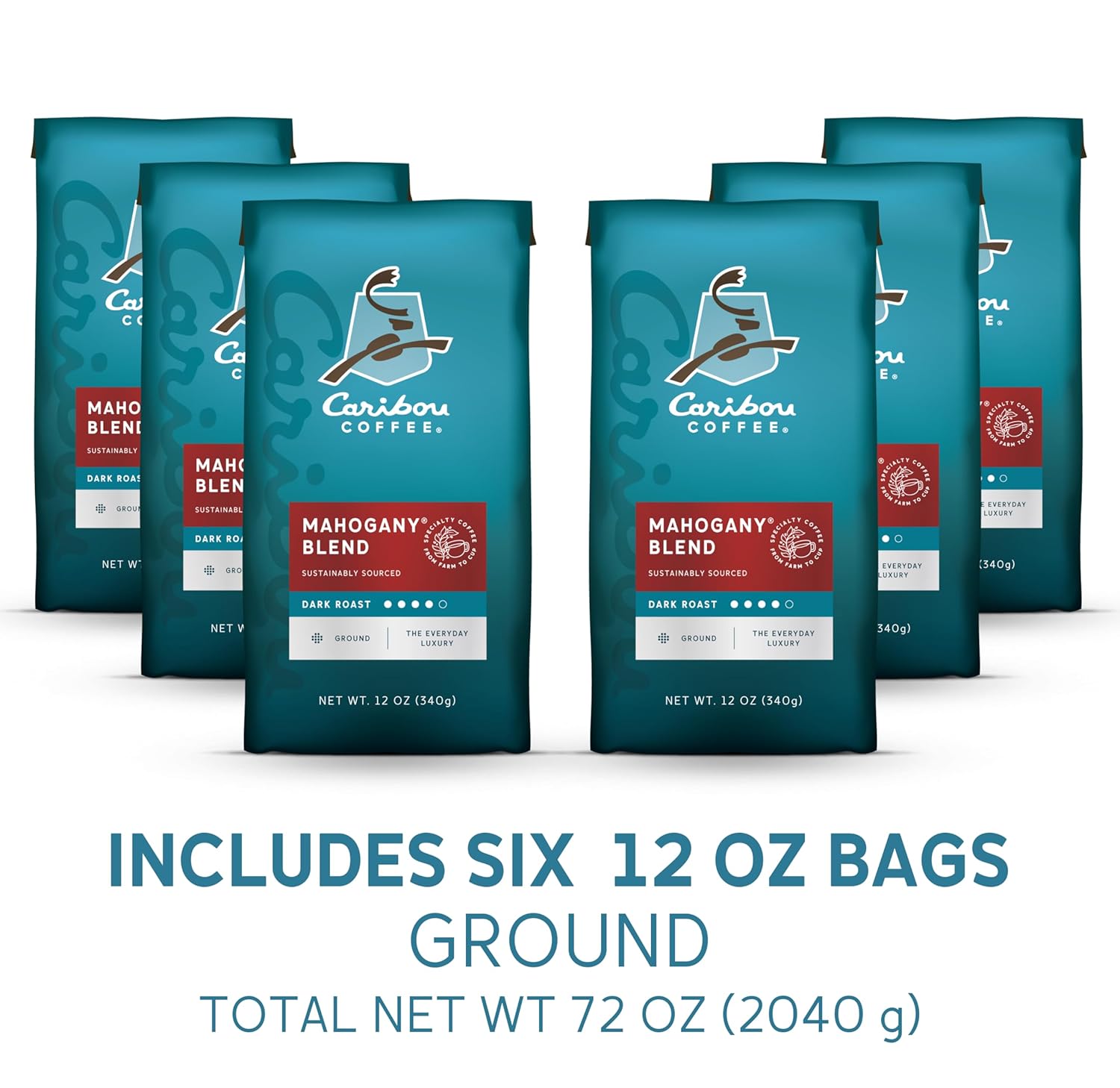 Caribou Coffee, Dark Roast Ground Coffee - Mahogany Blend 72 Ounces (6 Bags of 12 Ounces)