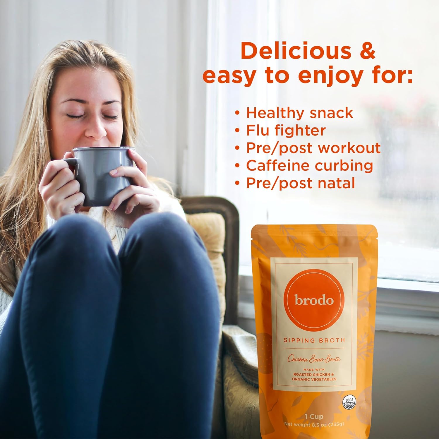 Brodo Organic Chicken Broth | Nutrient Dense, Chef Crafted Bone Broth in Single Serving Pouches | Not Made From Concentrate, No Preservatives (6x 8.3 oz Pouches)
