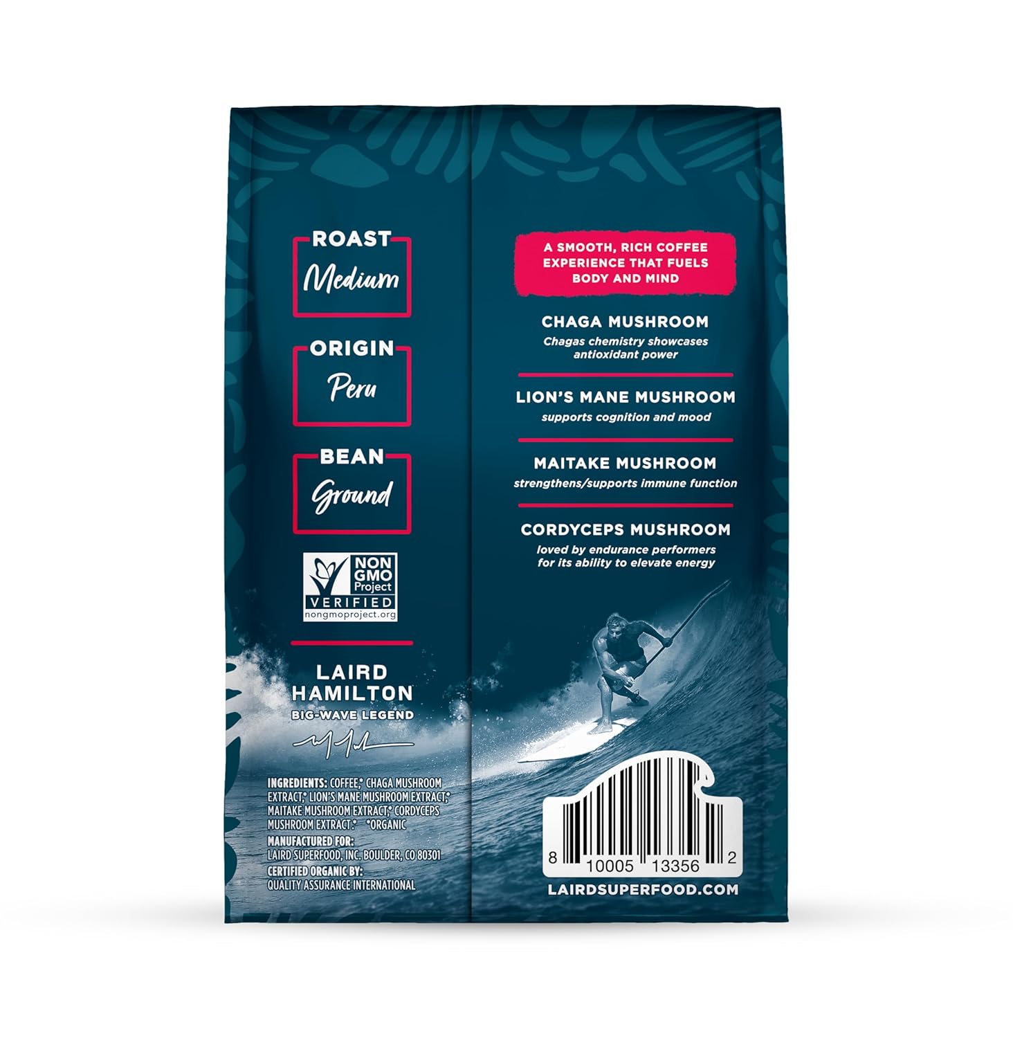 Laird Superfood Peruvian Medium Roast Coffee with Functional Mushrooms, Certified Organic Peruvian Ground Coffee Beans, Gluten-Free, Dairy-Free, Non-GMO, Paleo, Keto Friendly, 32 oz. Bag