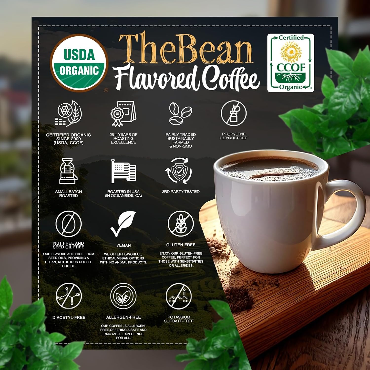 The Bean Organic Coffee Company Aloha Bean (Hawaiian Hazelnut), Medium Roast, Ground Coffee, 16-Ounce Bag,Café molido tostado organico