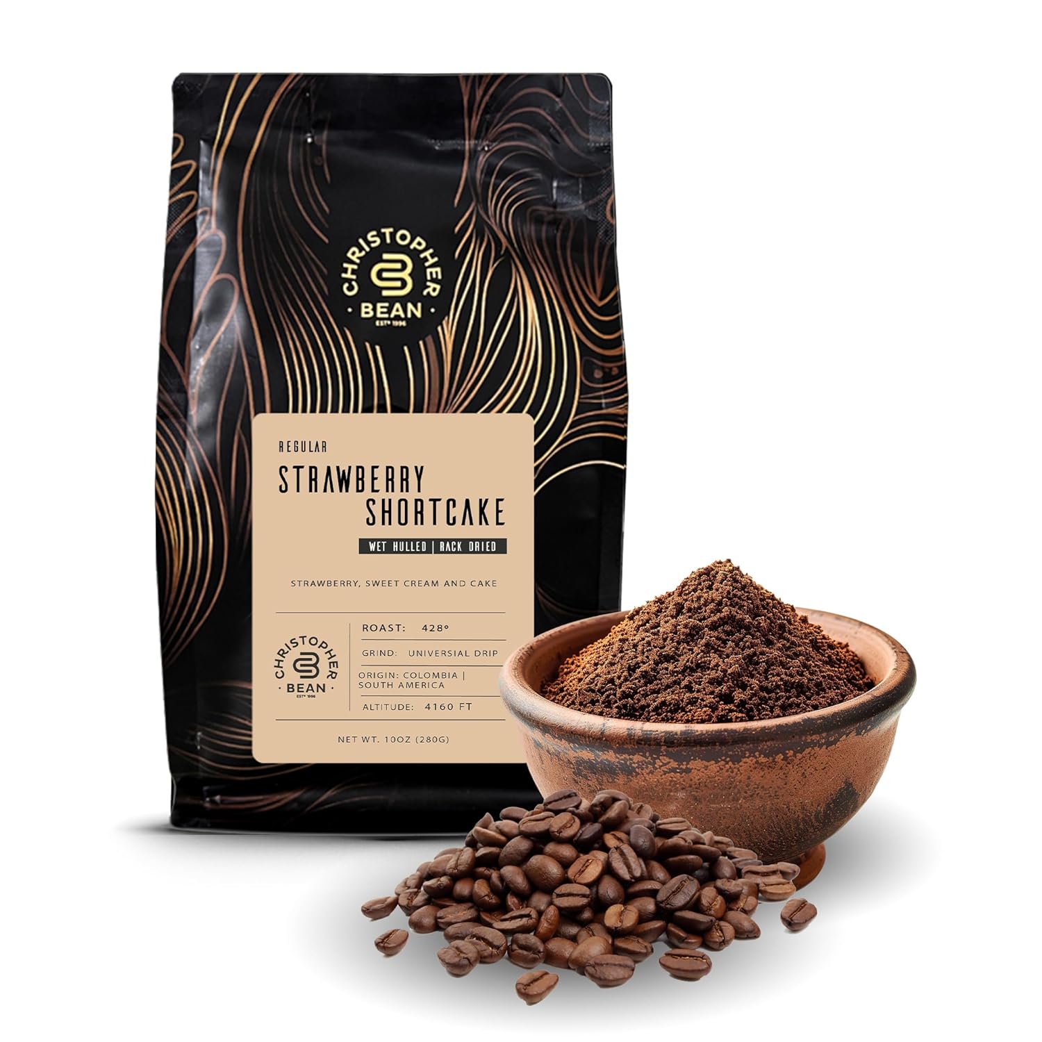 Christopher Bean Coffee - Regular Ground Universal Drip Strawberry Shortcake Flavored Coffee | Coffee Beans with Medium Roast 100% Arabica, No Sugar, No Fats, Non-Gmo | 10-Ounce Bag