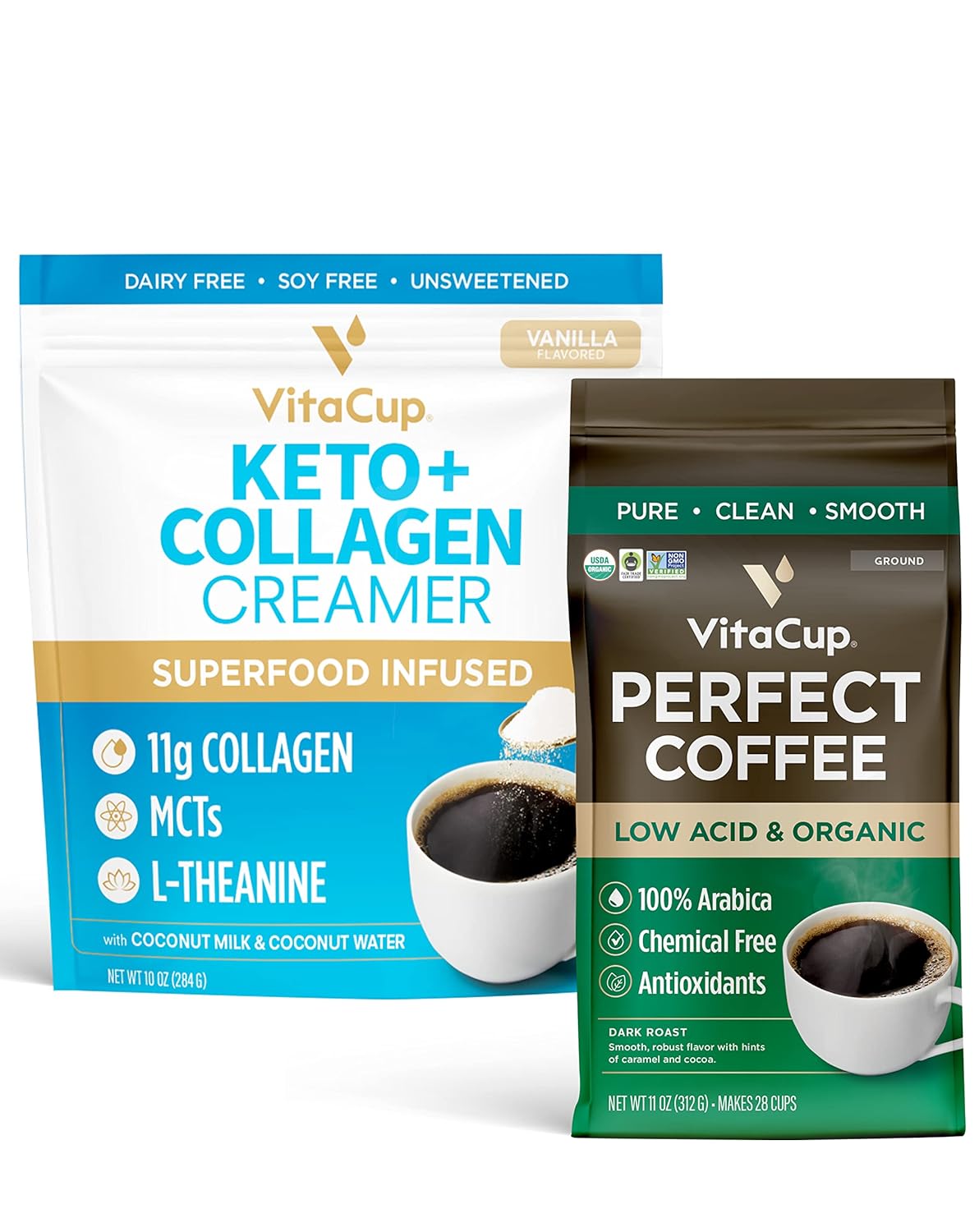 VitaCup Perfect Low Acid Ground Coffee, 11 oz & Keto + Collagen Vanilla Creamer, 10 oz | Infused with Superfoods (Collagen, Coconut Water, MCT, Dairy-Free) for body and brain health