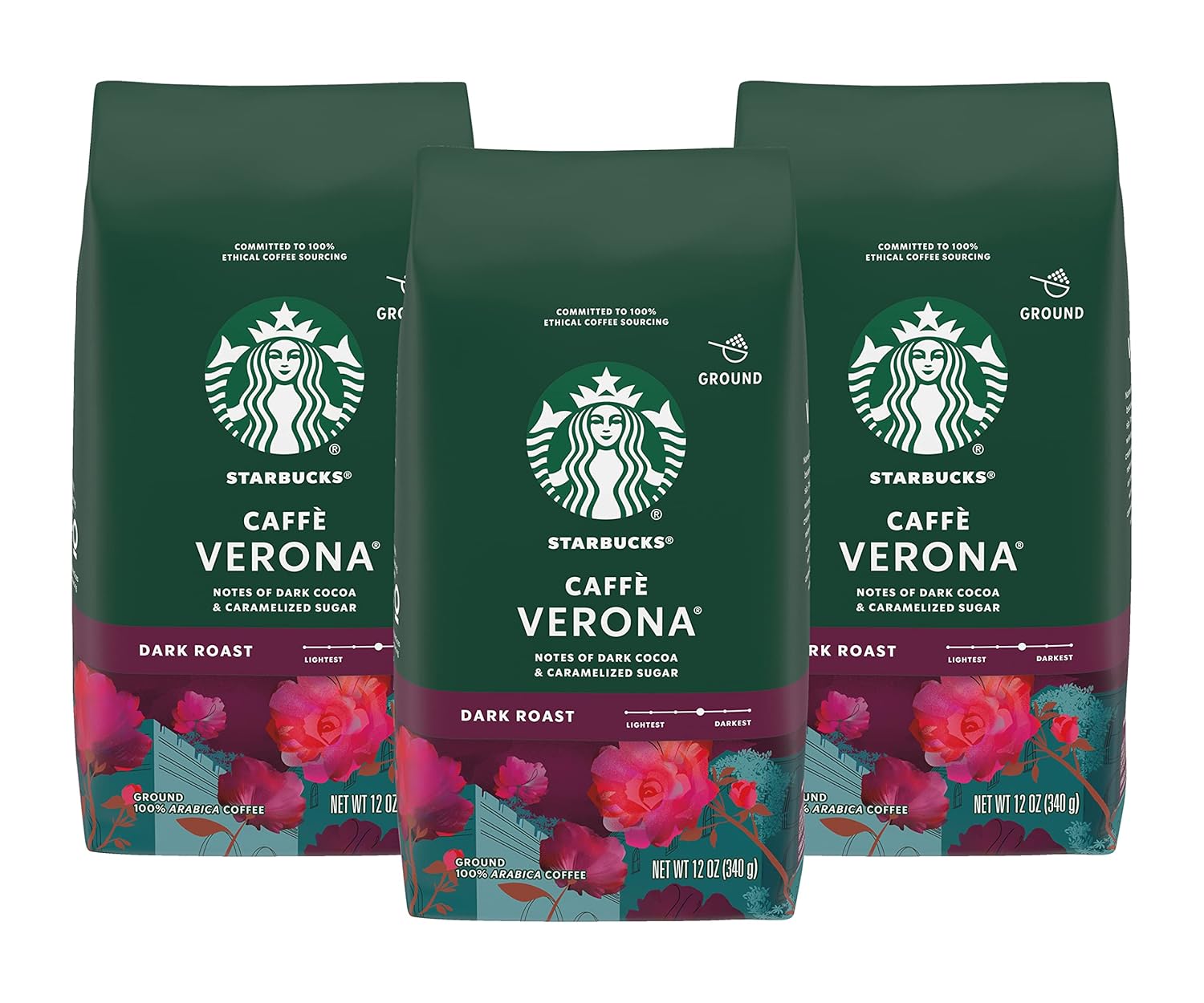 Starbucks Caffe Verona Coffee, Dark, Ground, 12-Ounce Bags (Pack of 3)