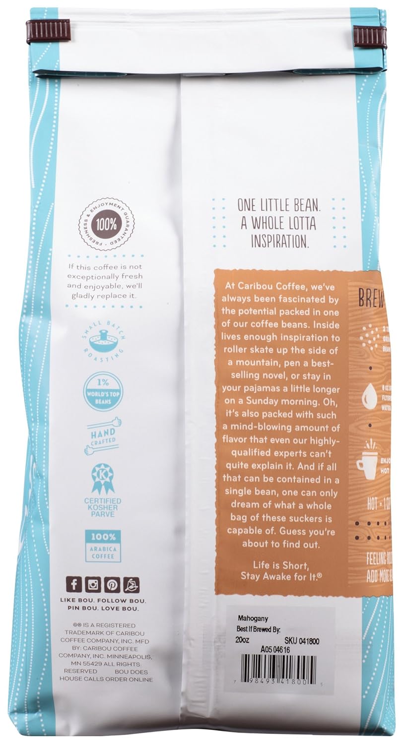 Caribou Coffee, Mahogany Dark Roast, 20 oz. Bag, Dark Roast Blend of El Salvador, Sumatra, & Guatemala Coffee Beans, Earthy, Dark, & Bold, with A Raw Sugar Finish, Arabica Coffee; Sustainable Sourcing