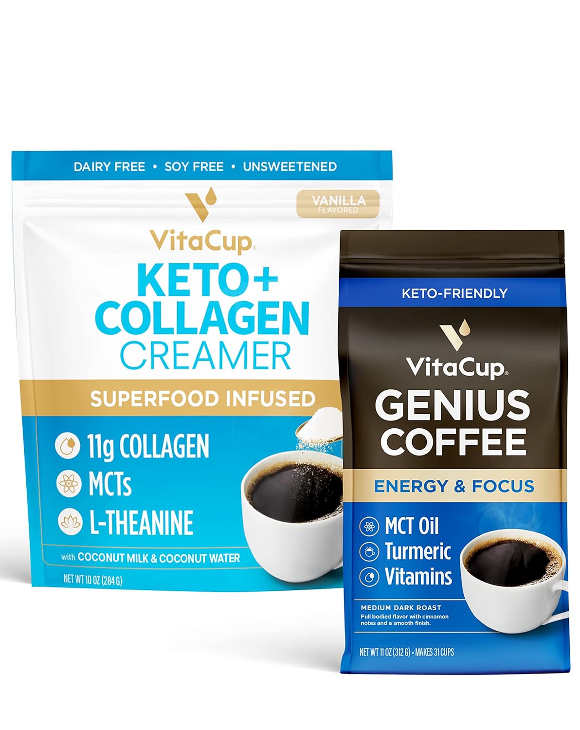 Vitacup Genius Ground Coffee & Keto + Collagen Vanilla Coffee Creamer Bundle for Keto Diet, Energy & Focus, 11 oz Ground Coffee Bag & 10 oz Creamer Powder Bag