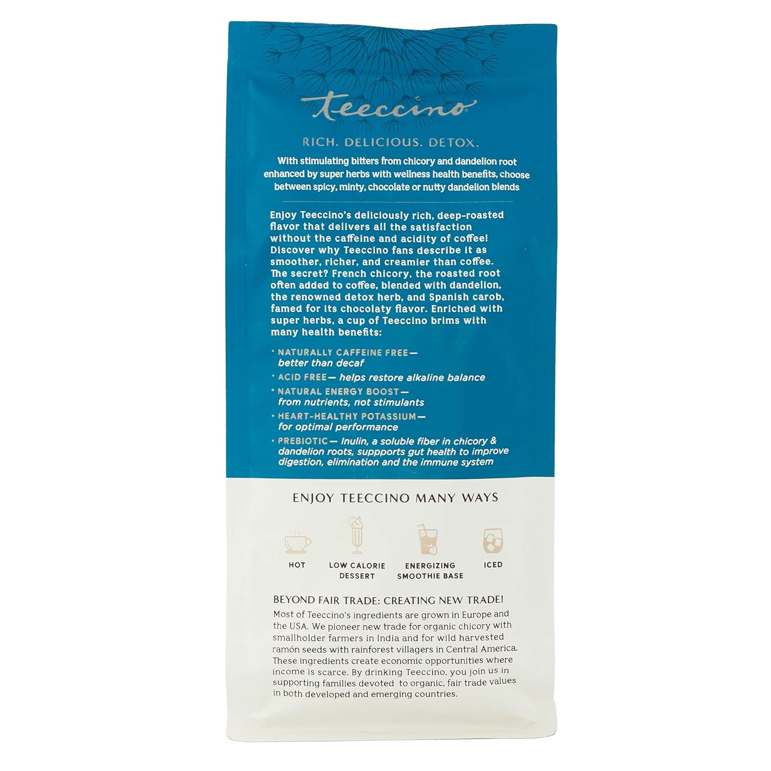Teeccino Dandelion Mocha Herbal Coffee - Caffeine-Free Coffee Alternative with Prebiotics, Gluten Free, Acid Free - Medium Roast, 10 oz