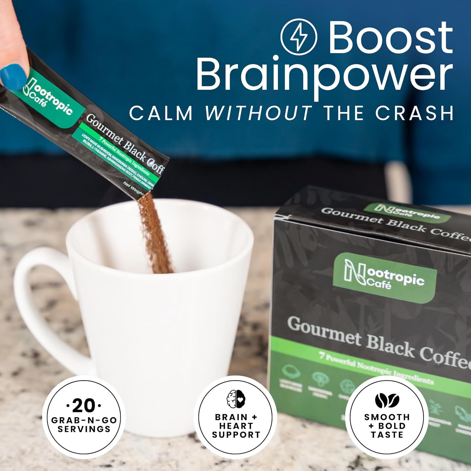 Brain Boosting Mushroom Coffee – Lion’s Mane, Ginkgo Biloba, Ashwagandha, L-Theanine, Choline – Focus & Mood Support – 20 Servings