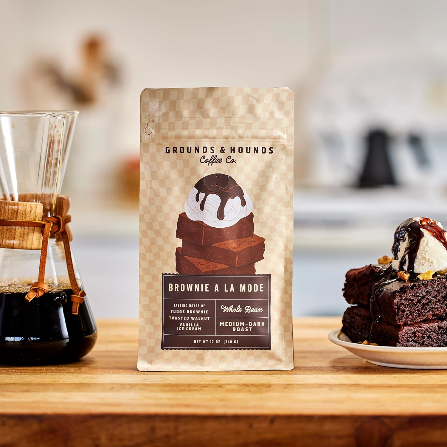Grounds & Hounds Coffee - 12oz Ground Bag, Medium/Dark Roast Coffee, Brownie A La Mode Ground 12oz bag
