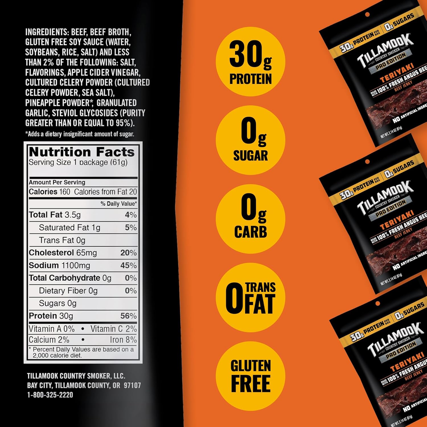 Tillamook Beef Jerky, Country Smoker PRO Edition, Zero Sugar Teriyaki, 2.14 Oz (3 Pack) Real Hardwood Smoked Fresh Angus Beef, Low Carb, High Protein Ready to Eat Keto Snack for Athletes, Gluten Free