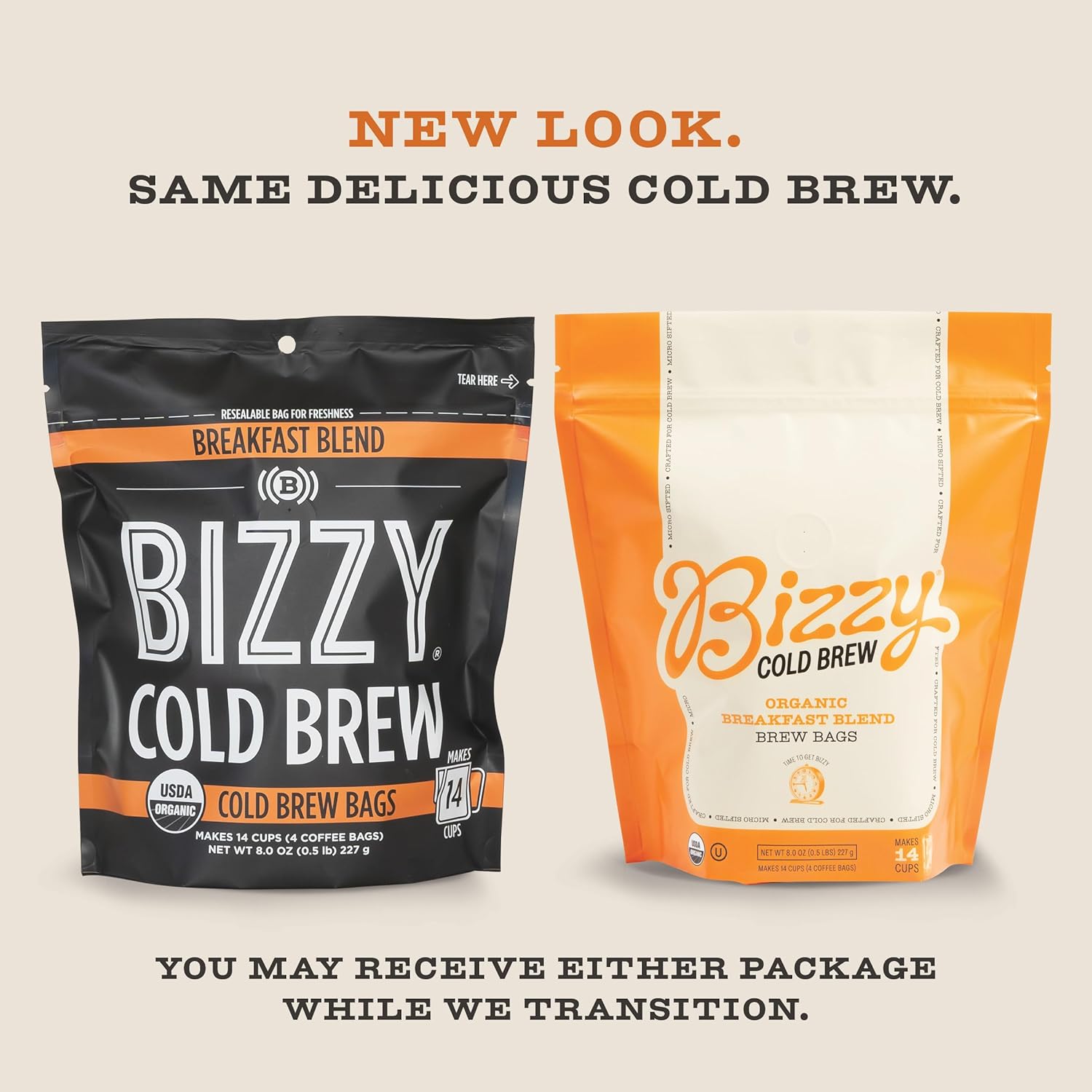 Bizzy Organic Cold Brew Coffee | Bundle | Coarse Ground Coffee | Breakfast Blend 1 LB + Breakfast Blend Brew Bags 4-count | 2 Pack