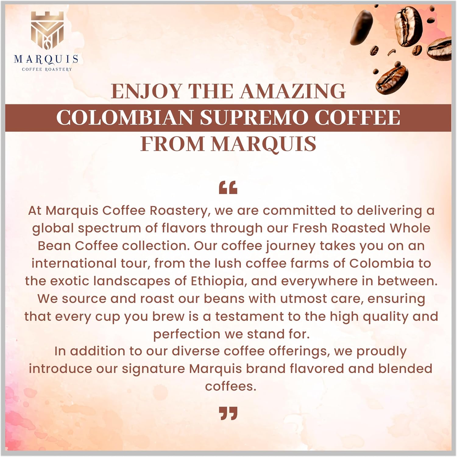 Marquis - Colombian Supremo Ground Coffee, Rich and Bold 100% Colombian Coffee, Fuller-Bodied & Very Well Balanced Colombian Coffee with a Heady Aroma, Premium Light Roast Ground Coffee, 1 lb