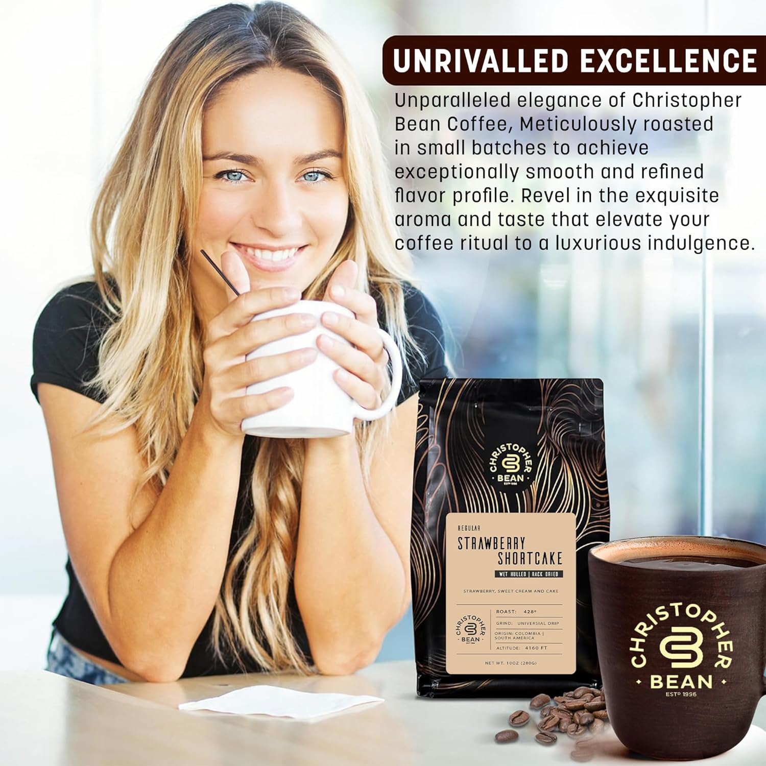 Christopher Bean Coffee - Regular Ground Universal Drip Strawberry Shortcake Flavored Coffee | Coffee Beans with Medium Roast 100% Arabica, No Sugar, No Fats, Non-Gmo | 10-Ounce Bag