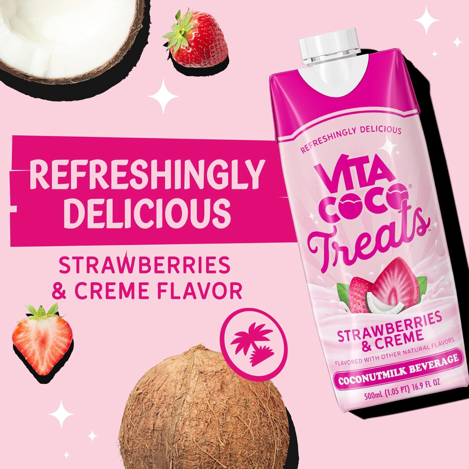Vita Coco Treats Strawberries & Cream Coconut Milk Drink | Sweet, Creamy, Treat | Lower Sugar Pink Drink Alternative| 16.9 fl oz (Pack of 12)
