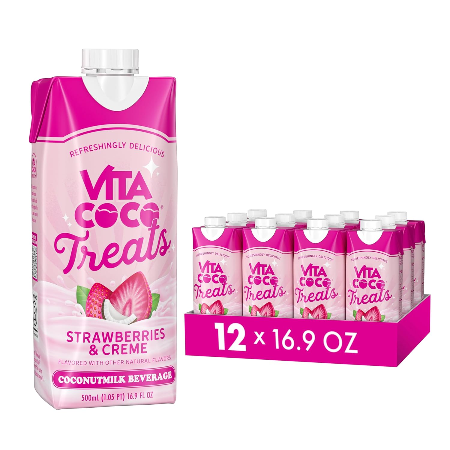 Vita Coco Treats Strawberries & Cream Coconut Milk Drink | Sweet, Creamy, Treat | Lower Sugar Pink Drink Alternative| 16.9 fl oz (Pack of 12)