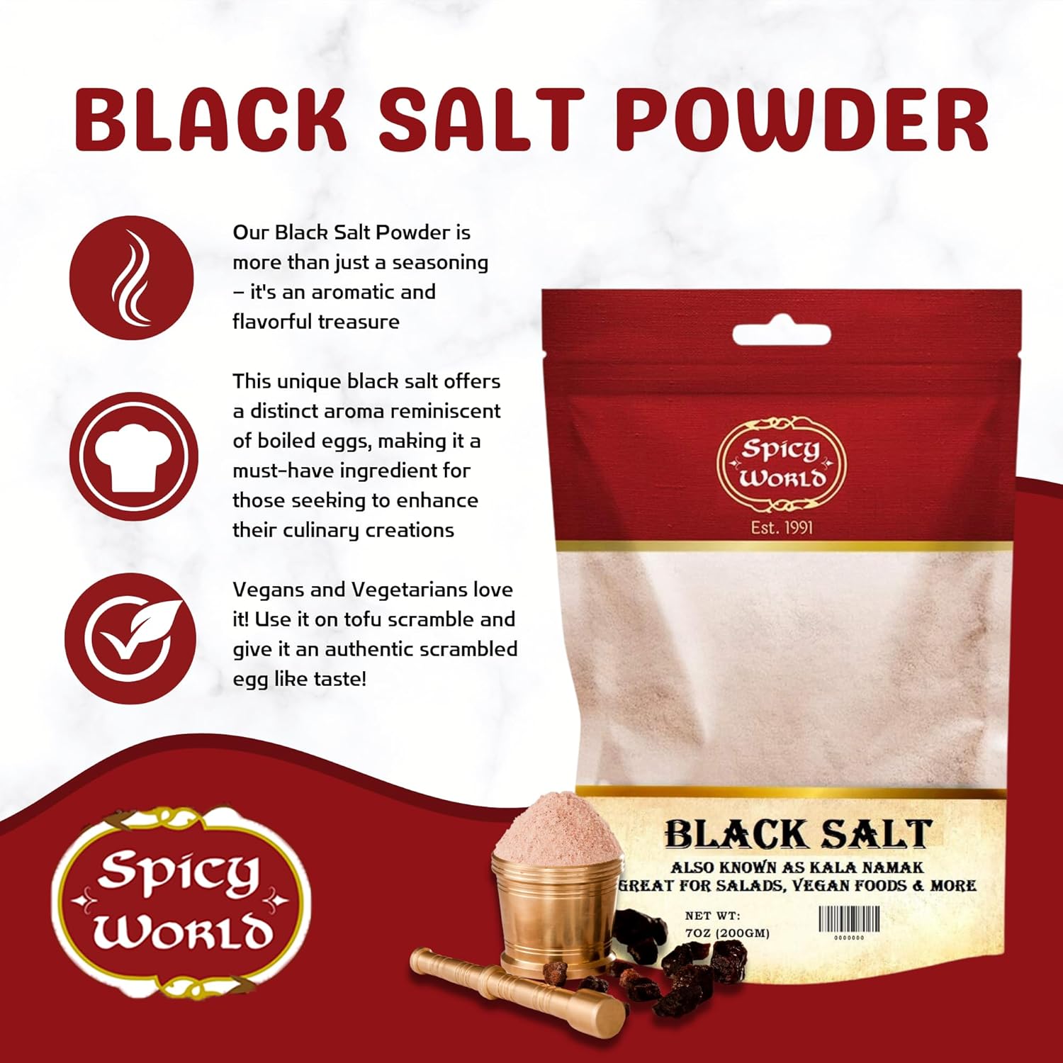 Spicy World Black Salt Powder (Kala Namak Mineral) 7 Oz - Vegan, Pure, Unrefined, Non-GMO & Natural - Perfect for Tofu Scramble, Egg Taste
