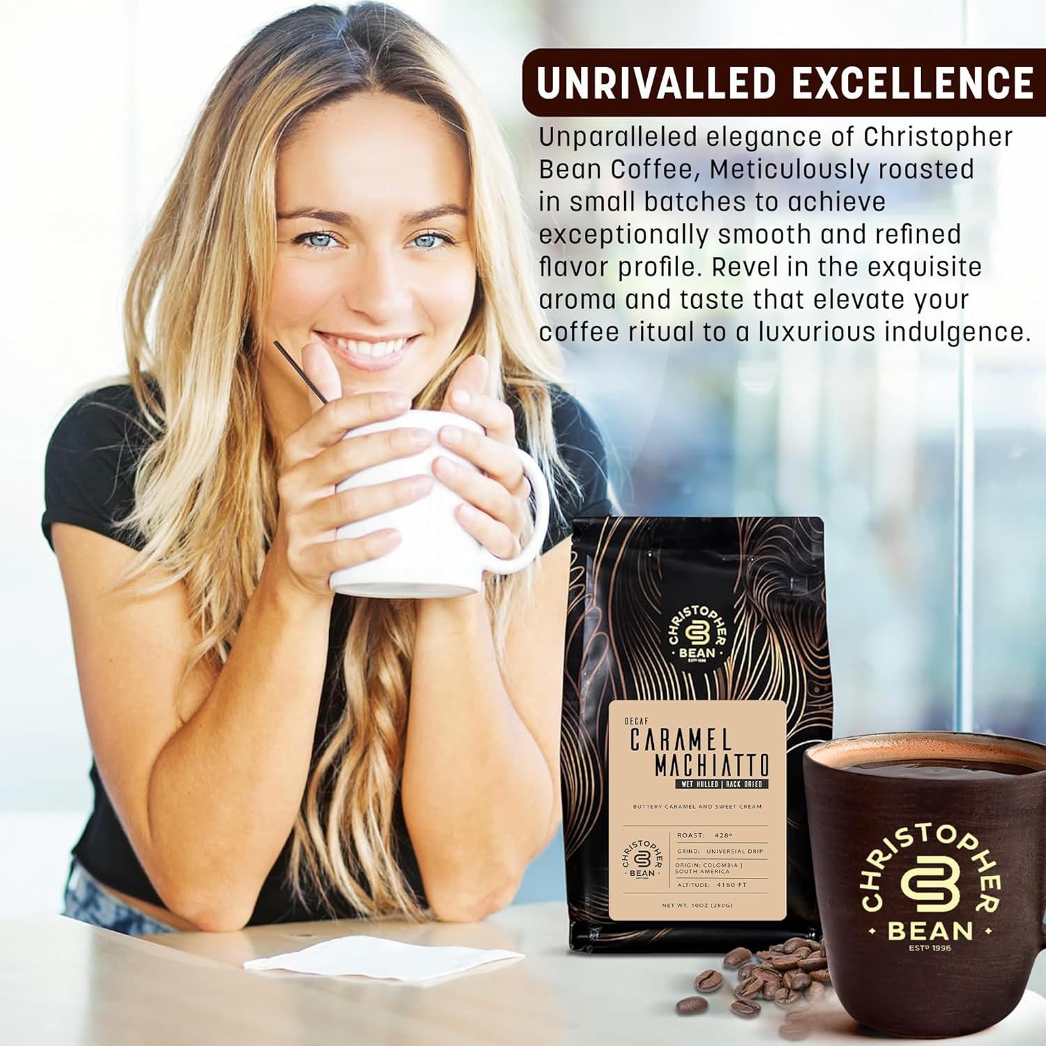 Christopher Bean Coffee - Decaf Ground Universal Drip Caramel Macchiato Flavored Coffee | Coffee Beans with Medium Roast 100% Arabica, No Sugar, No Fats, Non-GMO | 10 - Ounce Bag