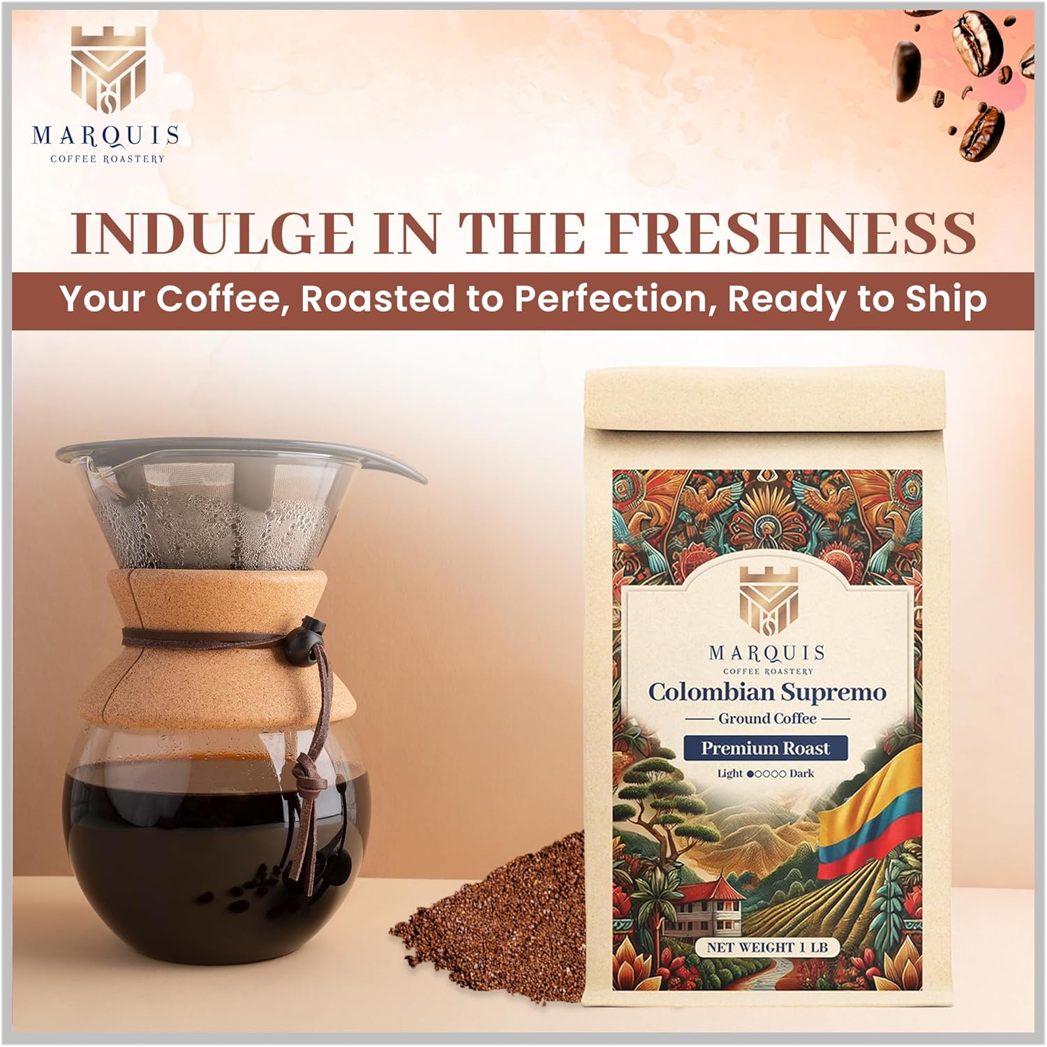 Marquis - Colombian Supremo Ground Coffee, Rich and Bold 100% Colombian Coffee, Fuller-Bodied & Very Well Balanced Colombian Coffee with a Heady Aroma, Premium Light Roast Ground Coffee, 1 lb